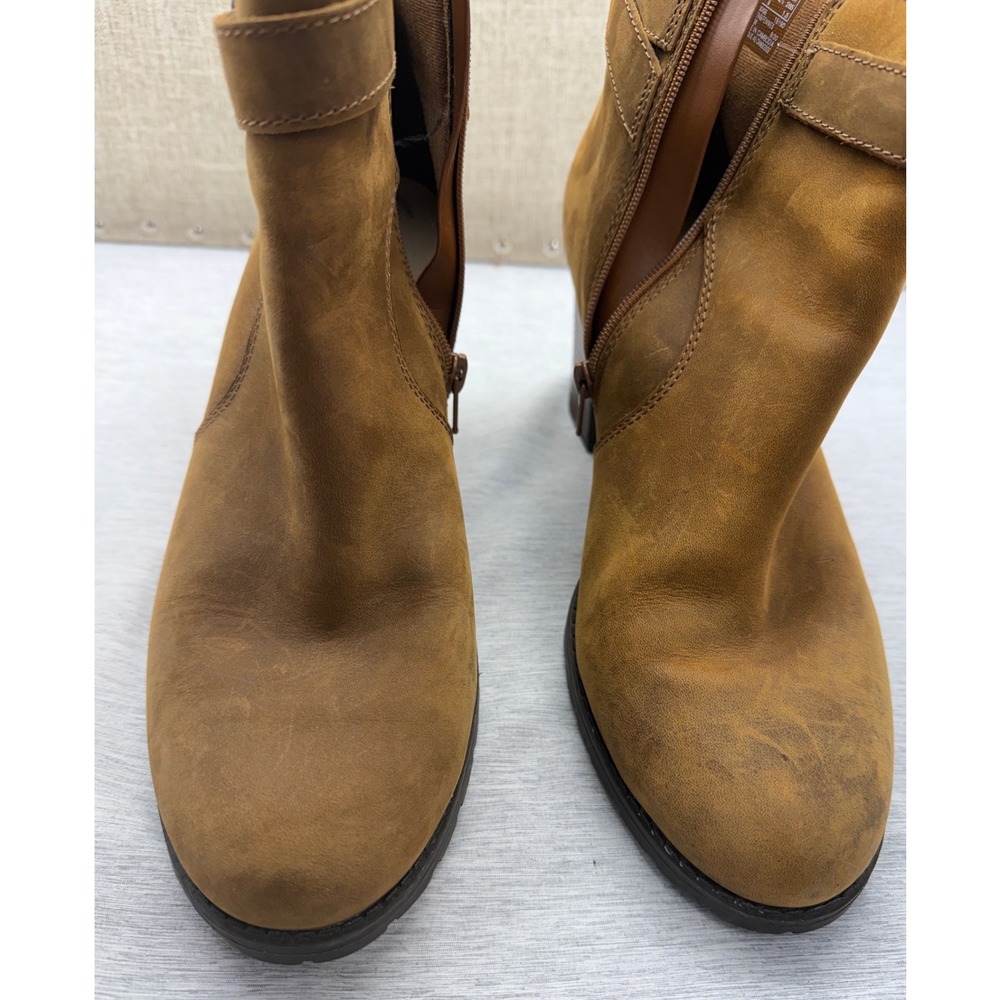 Clarks Collection Tan Nubuck Leather Ankle Boots Buckle Zip Block Heel Size 11M